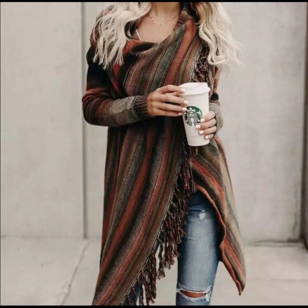 New! Autumn 🍂 boho fringe shawl knit sweater